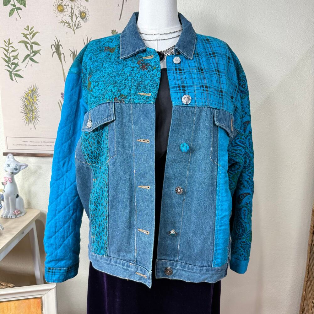 Vintage 90s Y2k Paisley Plaid Patchwork Denim Jacket Hippie Fairy Grunge Boho L